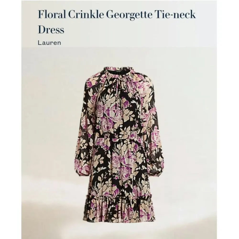 Ralph Lauren Floral Crinkle Georgette Tie Black Lavender Sparkle Dress EUC 8 - Picture 1 of 8